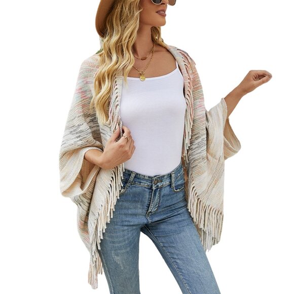 2/$40 Knit Cardigan Sweater Fringe Tassel Shawl Poncho Beige Colorful Open Front - Picture 7 of 7